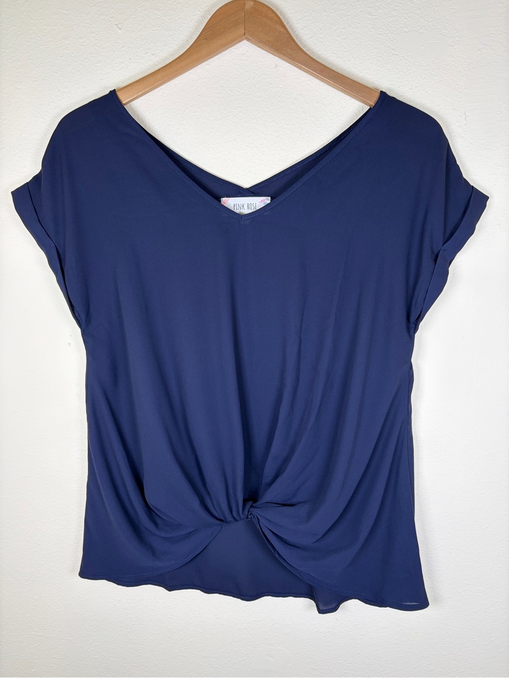 Pink Rose Blue Sheer Twist Front Blouse Small V Neck Draped Top